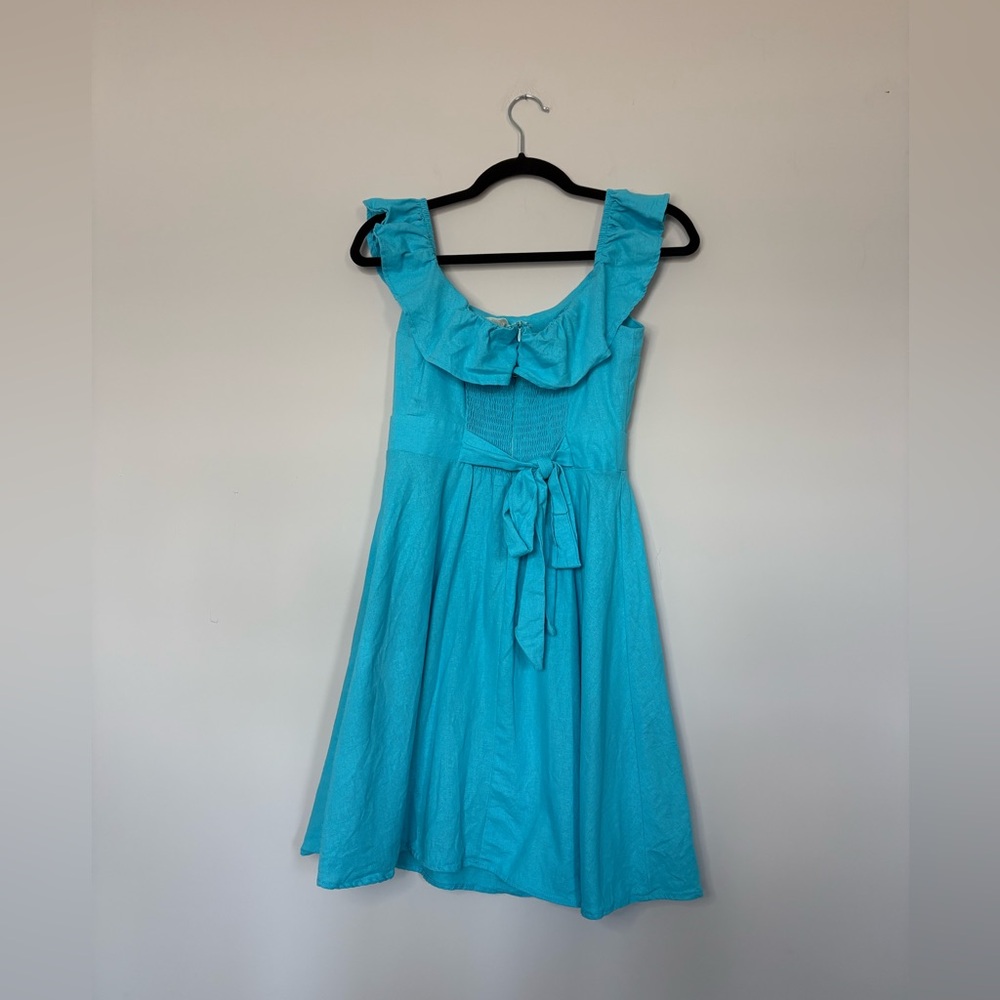 Blue Summer Ruffle Neck Sleeveless Fit & Flare Mini Dress Size S Beachy Vibrant - Picture 2 of 10